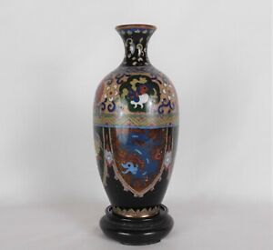 Fine Japanese Meiji Ginbari Cloisonne Enamel Dragon Phoenix Vase