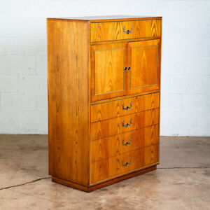 Mid Century Modern Highboy Dresser Founders Oak Brass Tall 5 Drawer Vintage Wood