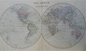 World Map In Double Hemispheres 1889 93 Bradley Folio Hand Color Detail Map