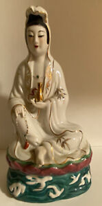 Porcelain Figurine Chinese Guan Yin Sitting On Lotus Flowers 8 5 