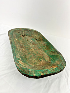 Vintage Hand Carved Green Painted Wood Trencher Dough Bowl 20 X 12 Inches