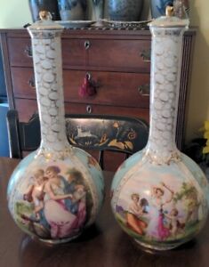 Pair Austrian Porcelain Bottle Vases Classical Quatrefoil Scenes Kaufmann Style