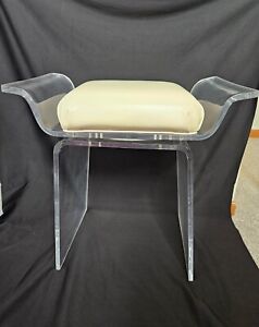 Vintage Lucite Waterfall Vanity Swivel Stool Bench Chair Cream Cushion Seat