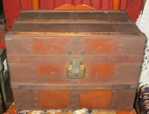 Antique 19th C Miniature Steamer Trunk Doll Chest Wood Metal Child S Travel
