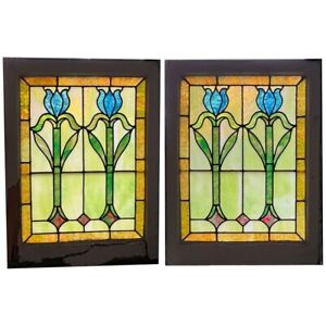 Pair Antique American Art Nouveau Stained And Leaded Glass Tulip Windows C 1904