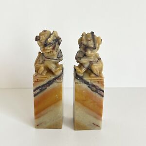 Pair Vintage Chinese Foo Dog Lion Stamp Figurine Carved Soap Stone Seal 2 5 In