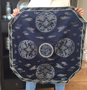 Antique Chinese Brocade Blue Silk Panel W Imperial Dragon Roundels Gold Thread