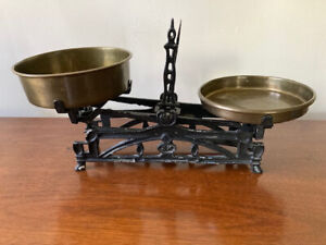 Antique Cast Iron Balance Scale With Brass Pans
