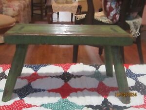 Primitive Antique Foot Stool Pine Wood Green Chippy Paint