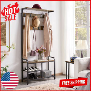 72 In H Entryway Hall Tree W Bench Shoe Storage Black Frame Rustic Brown New