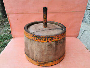 Antique Primitive Old Big Massive Wooden Funnel For Wine With Metal Band