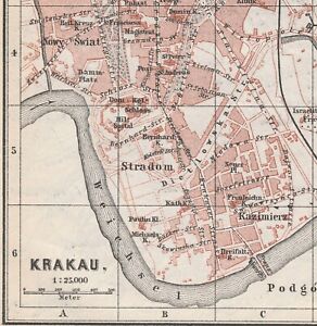 1895 Krak W Cracow Original City Plan Map Poland 19th Century Krakow