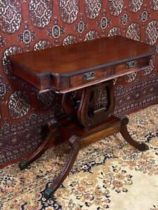 Table Lyre Base Mahogany Console Top Antique Harp Regency Drawers Victorian
