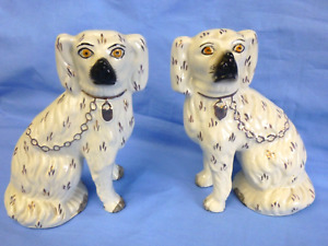 Old Staffordshire Ware England Mantle Dogs 5 5 T X 5 White W Copper Lustre Mrkd