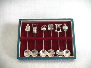 6 Antique 950 Sterling Silver Stamped Salt Spoons Set In Original Box Nice