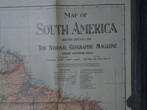 1921 South America Map National Geographic Tattered Wall Map 26x37 1920 S