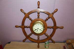 Large Antique Colonial Of Zeeland Germany Ships Wheel 30 Brass Wood Wall Clock