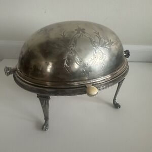 English 19th Century Silver Plated Revolving Dome Food Warmer Engraved 11x7 5x7 