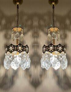 Pair Of Antique Vintage Brass Crystal Smal Chandelier French Lamp Lighting