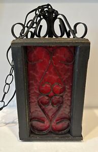 Red Slag Glass Light Fixture Chandelier Arts Crafts Wood Wrought Iron Works