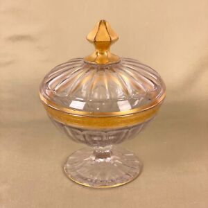 Heisey Glass Covered Candy Dish Trinket Bowl Lid With Gold Trim