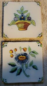 Definitely Antique Signed Tile Set Of 2 Floral Hand Painted Tiles Trent Delft 