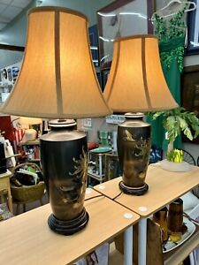 Pair Of Antique Asian Cloisonne Enamel Vase Lamps Beautiful Gold Inlay Design
