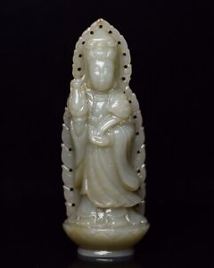 Certified Chinese Natural Hetian Jade Hand Carved Exquisite Guanyin Statue 9919