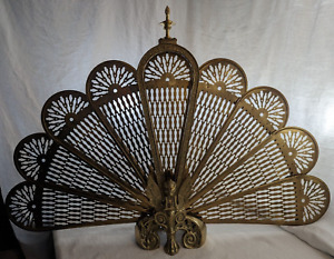 Brass Fireplace Peacock Screen Griffin Base Vintage Japan 26 X 38 In Opened