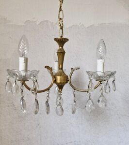 Vintage Italian Brass Crystals Chandelier Lighting With 3 Arms