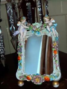 Enchanting Antique Dresden Porcelain Mirror With Puttis Flowers On Easel Stand