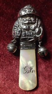 Antique Sterling Silver And Abalone Victorian Santa Rattle