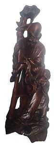 Chinese Wood Carving Immortal Shou Lao Sculpture With Child 9 Read