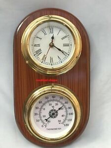 Weather Station Wooden Marine Nautical Brass Working Clock Thermometer