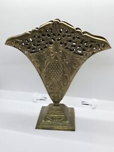Heavy Silver Tone Metal Plated Art Nouveau Pierced Fan Vase