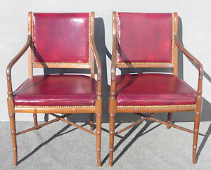 Pair Of Vintage Cabot Wrenn Burgundy Leather Accent Arm Chairs W Nailhead Trim