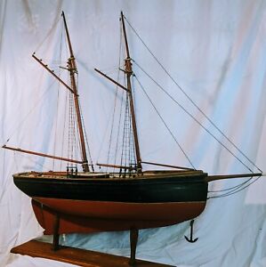 48 Antique Museum Wooden Schooner Ship Model Pond Yacht Lead Keel Bone Details