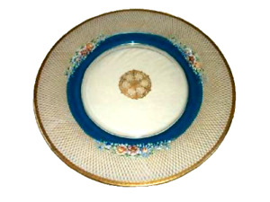 Victorian French Reverse Glass Aqua Gilt Round Platter Enameled Flowers Ornate