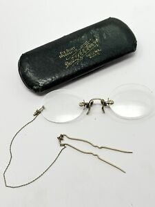 Antique Pince Nez Spectacle Eyeglasses W Hairpin Chain Case 10k Gold Filled
