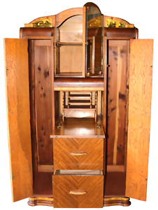 Vintage Art Deco Waterfall Cedar Interior Chifforobe Armoire Wardrobe With Desk