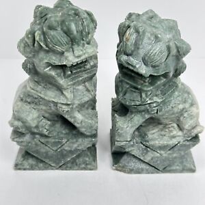 Hand Carved Green Marble Chinese Foo Dog Pair