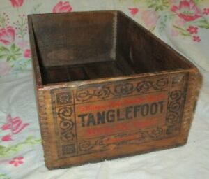 Antique Tanglefoot Jointed Wooden Shipping Box Vintage Advertising Store Crate