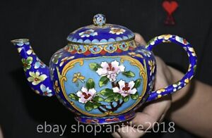 8 Old Chinese Copper Blue Cloisonne Dynasty Palace Flower Pattern Flagon Tea Pot