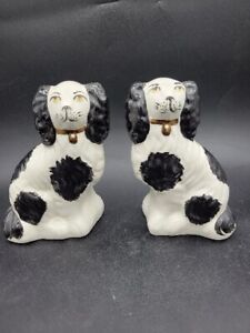 2 Antique Staffordshire Black White Spaniel Dog Puppy Pair 6 5 Mantle Figurines