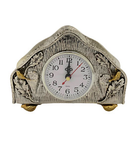 925 Sterling Silver Gilded Handmade Multi Bird Leaf Branch Quartz Table Clock