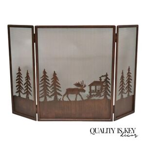 Moose Wilderness Log Cabin Rustic Iron Folding Fireplace Mantle Screen