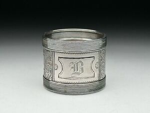 19th C French Guilloche Engraved Sterling Silver Napkin Ring B Monogram