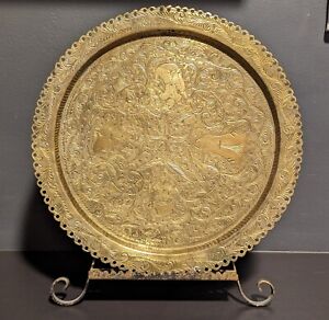 Vintage Indian Detailed Hand Engraved Brass Plate Serving Tray Ganesha 11 75 