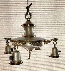 Vintage Art Deco Brass Pan Light Chandelier Canopy Individual Switches