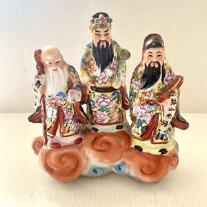 Vintage Chinese Famille Rose Figurine Fu Lu Shou On Cloud Hand Painted Flaw